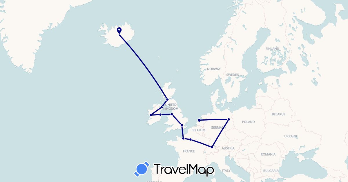 TravelMap itinerary: driving in Switzerland, Germany, France, United Kingdom, Ireland, Iceland, Netherlands (Europe)